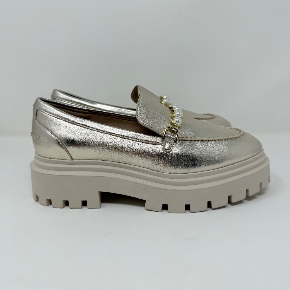 New Stuart Weitzman Perla Ultra Lug Sole Loafers Platino Gold Sz 7 - Picture 5 of 14